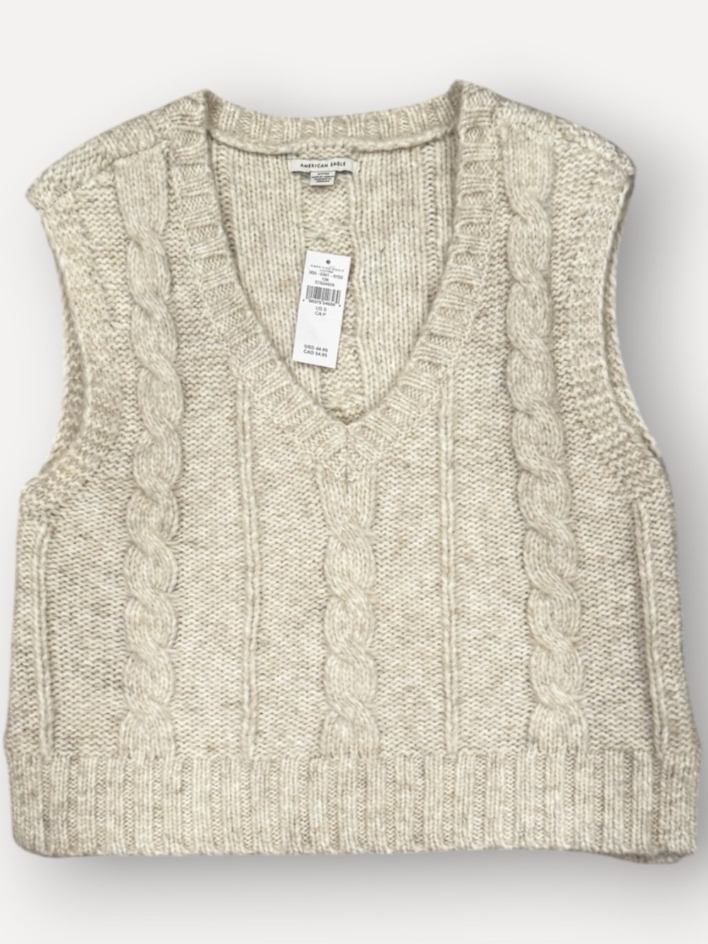 American Eagle Cable Knit V-Neck Sweater Vest in Beige